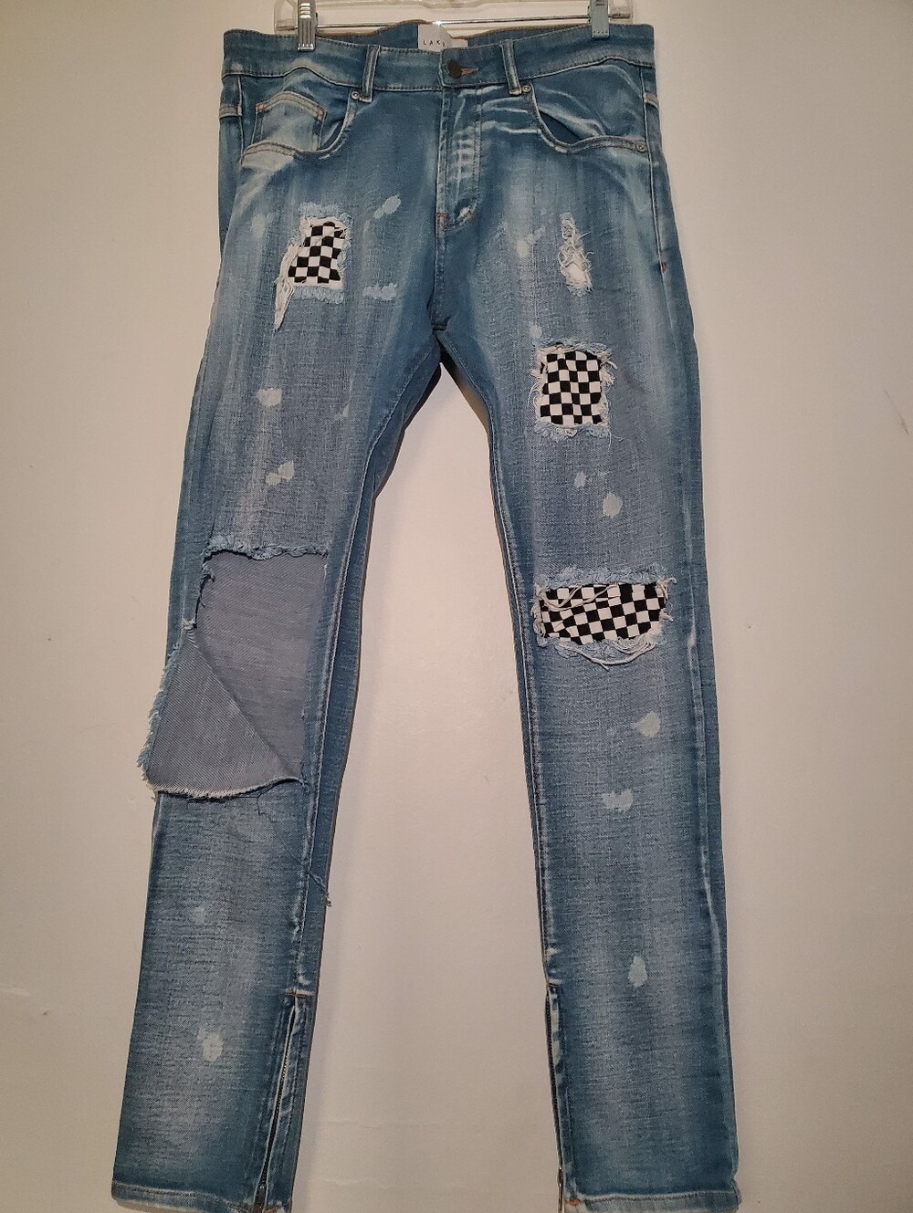 Lakenzie Womens Distressed Checkered Patch Jeans Ankle Zip Sz M Waist 32 High Ri